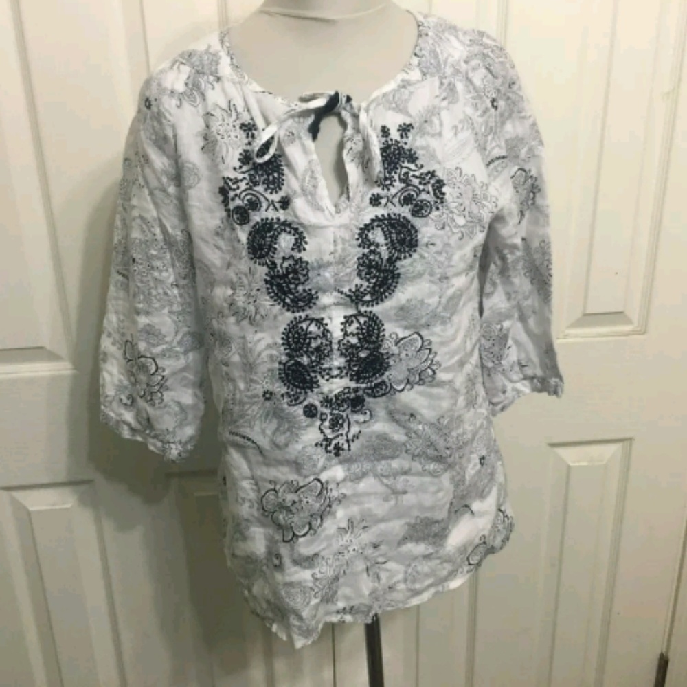 Malvin Germany Blue Ivory Linen Peasant Top